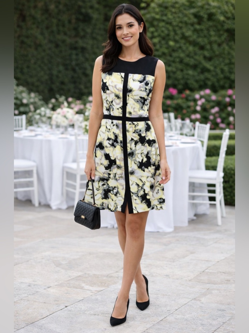 BCBG MaxAziria Sleeveless Black & Yellow Floral A-Line